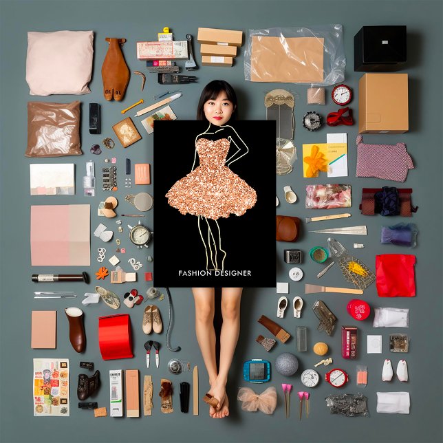 Fashion Stylist Dress Gold Glitzer Logo QR Rose Visitenkarte (Fashion Stylist Dress Gold Glitter Logo QR Rose Business Card)