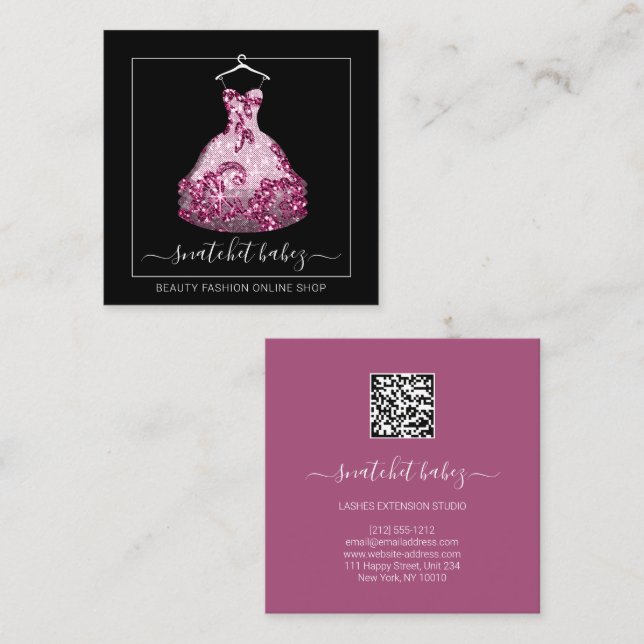 Fashion Stylist Event Dress QR Code Logo Glitzer Quadratische Visitenkarte (Vorne/Hinten)