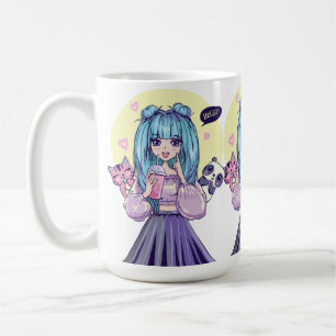Fashionista: Blauhaarige Mädchen mit Panda und Kat Kaffeetasse
