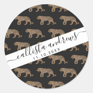 Fashionista Gold Black Glitzer Tiger Pattern Runder Aufkleber