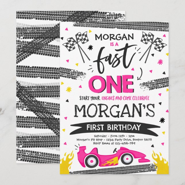 Fast ein 1. Geburtstag Party Pink Race Car Fast On Einladung (Vorne/Hinten)