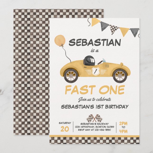 Fast ein Geburtstag Party Gelbe Rennwagen Geburtst Einladung (Vorne/Hinten)