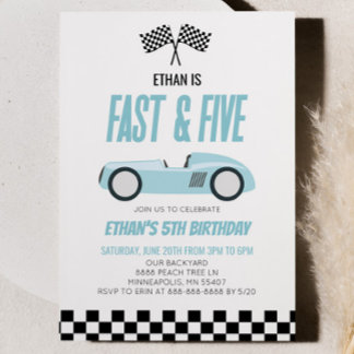 Fast & Five Blue Race Car 5. Geburtstagsparty Einladung