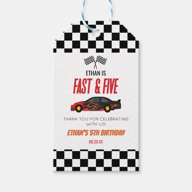 Fast & Five Red Flame Race Car 5. Geburtstagsparty Geschenkanhänger (Vorderseite)