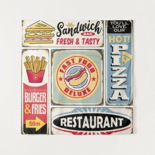 Fast food restaurants and diners retro signs colle wandteppich