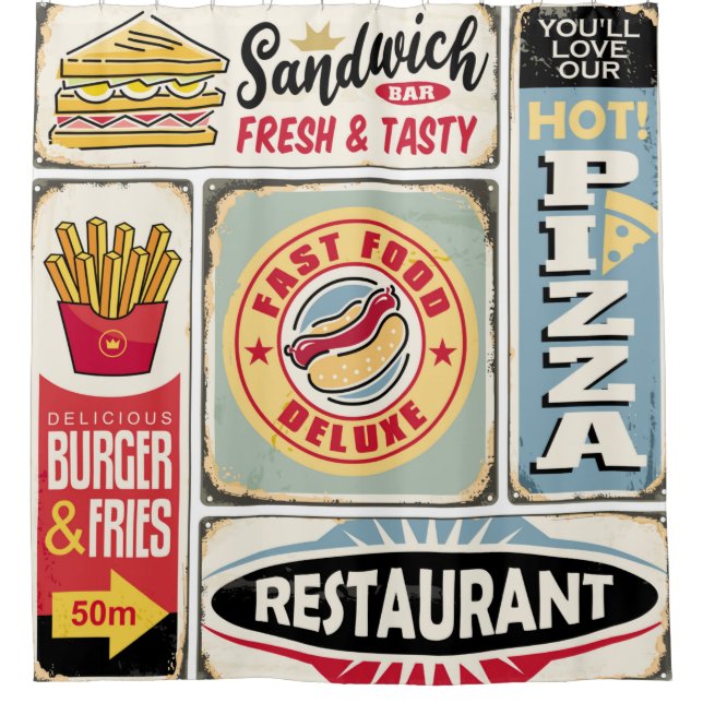 Fast Food Restaurants und Dinner Retro Schilder Co Duschvorhang (Vorderseite)