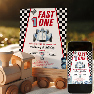 Fast One 1. Geburtstag Junge Rennwagen Einladung
