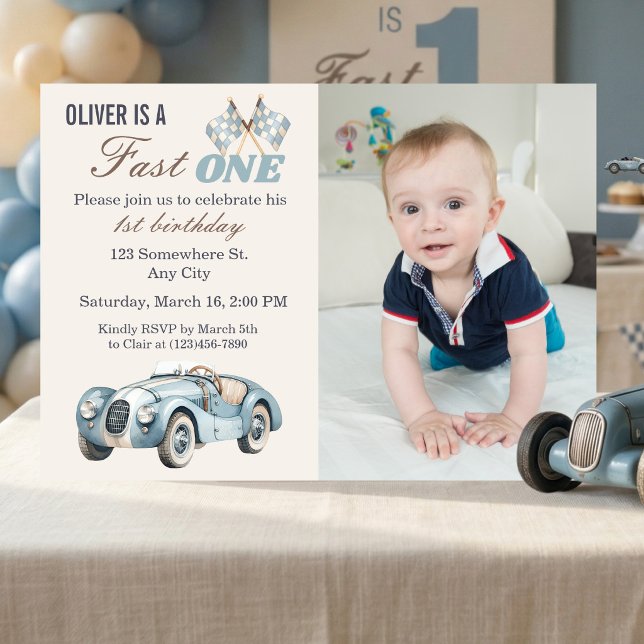 Fast One 1st Birthday Blue Race Car Boy Photo  Einladung (Fast One 1st Birthday Photo Invitation )