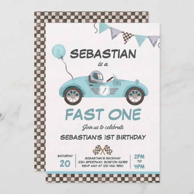 Fast One Birthday Party Blue Race Car 1. Geburtsta Einladung (Vorne/Hinten)