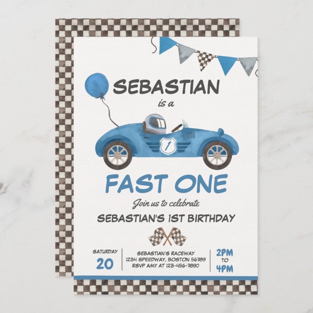 Fast One Birthday Party Blue Race Car 1. Geburtsta Einladung (Vorne/Hinten)