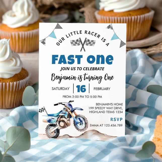Fast One Blue Dirt Bike Birthday Party Invitation Einladung (Von Creator hochgeladen)