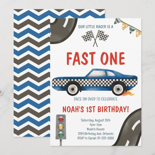 Fast One Blue Race Car 1. Geburtstag Einladung (Vorne/Hinten)