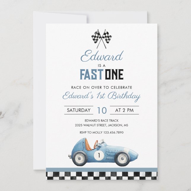 Fast One Blue Race Car 1st Birthday Einladung (Vorderseite)