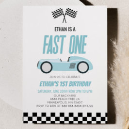 Fast One Blue Racecar Race Car 1. Geburtstag Party Einladung