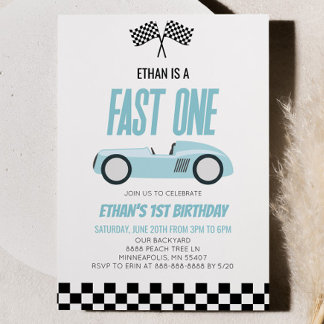 Fast One Blue Racecar Race Car 1. Geburtstag Party Einladung