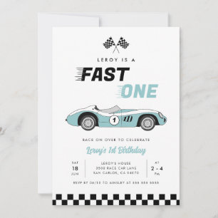 Fast One Blue Vintag Race Car Boy 1. Geburtstag Einladung