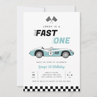 Fast One Blue Vintag Race Car Boy 1. Geburtstag Einladung