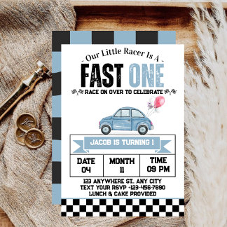 Fast One Blue Vintag Race Car Boy 1. Geburtstag Einladung
