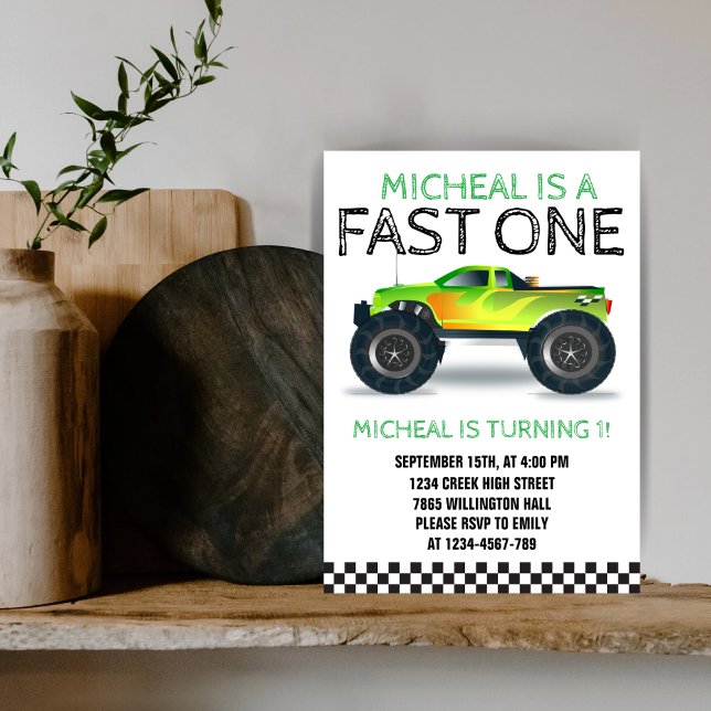 Fast One Green Monster Truck Erster Geburtstag Einladung (Von Creator hochgeladen)