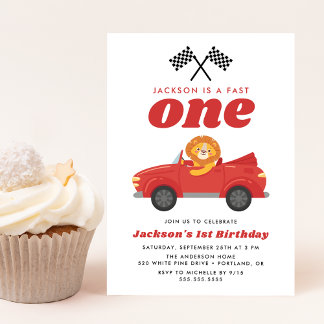 Fast One Lion Red Race Car Boy 1. Geburtstag Einladung