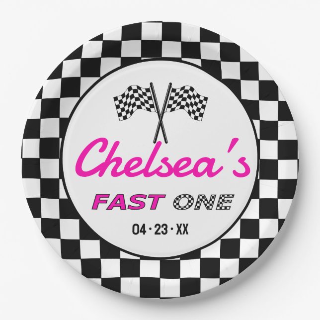 Fast ONE | Pink Custom Black White Race Car Flags Pappteller (Vorderseite)