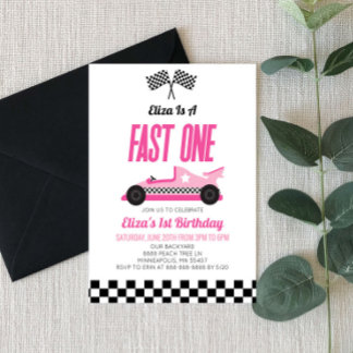 Fast One Pink Flame Race Car 1. Geburtstag Party Einladung