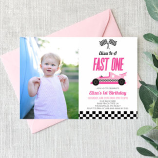 Fast One Pink Flame Race Car 1st Birthday Party Einladung