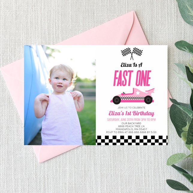 Fast One Pink Flame Race Car 1st Birthday Party Einladung (Von Creator hochgeladen)