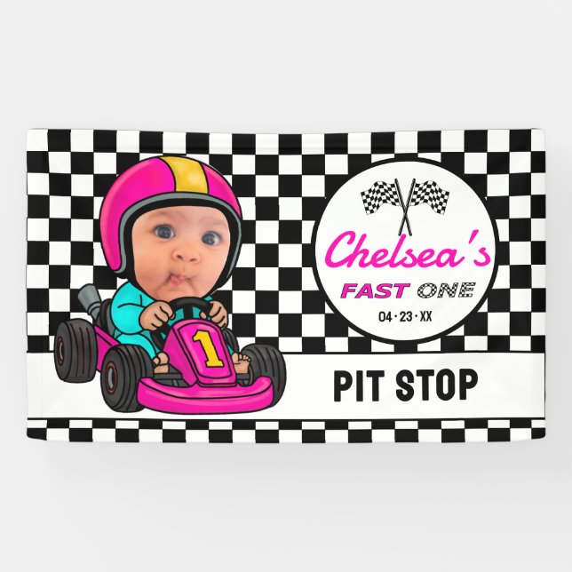 Fast ONE | Pink Race Car Driver Pit Stop Birthday Banner (Horizontal)