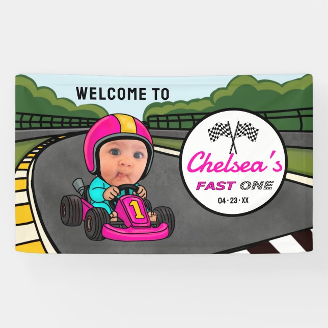 Fast ONE | Pink Race Car Driver Welcome Birthday Banner (Horizontal)