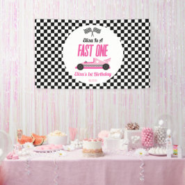Fast One Pink Race Car First 1st Birthday Party Banner
