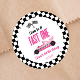 Fast One Pink Race Car First 1st Birthday Party Runder Aufkleber