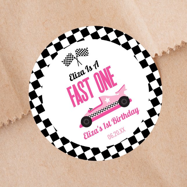 Fast One Pink Race Car First 1st Birthday Party Runder Aufkleber (Von Creator hochgeladen)