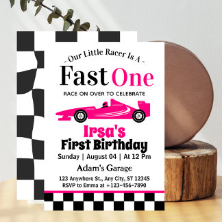 Fast One Pink Race Car Girl 1. Geburtstag Party Einladung