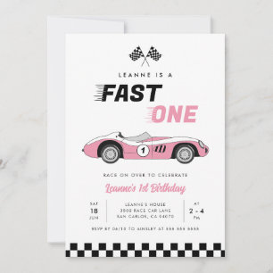 Fast One Pink Vintag Race Car Girl 1. Geburtstag Einladung