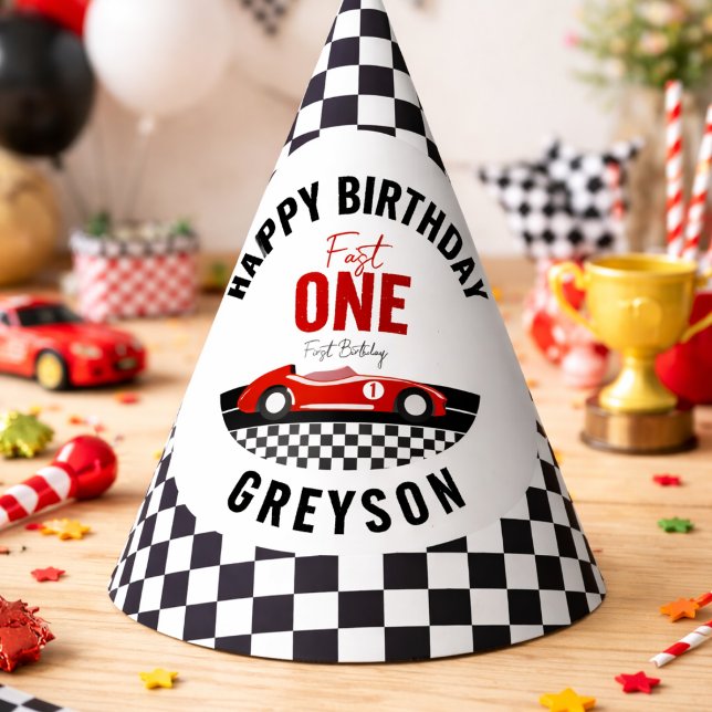Fast One Race Car Boy 1. Geburtstag Party Partyhütchen (Fast One Race Car Boy 1st Birthday Party Hat)