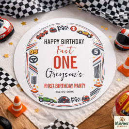 Fast One Race Car Boy 1st Birthday Party Runder Aufkleber