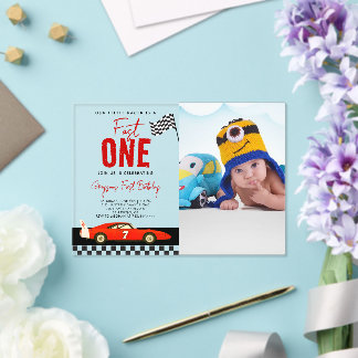 Fast One Race Car Boy Photo 1st Birthday Party Acryleinladungen