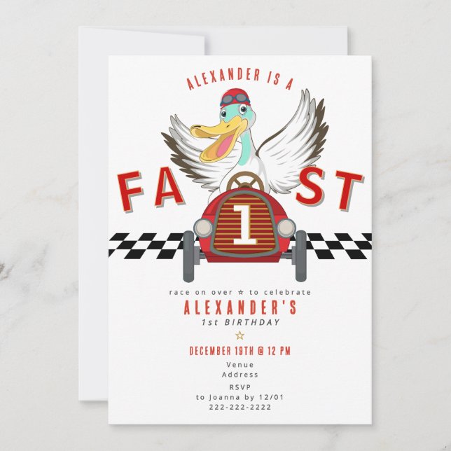 Fast One Race Car Boy Racing Car Red 1st Birthday Einladung (Vorderseite)