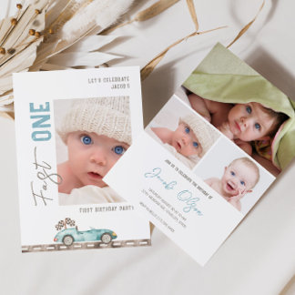 Fast One Race Car Foto Geburtstag Einladung