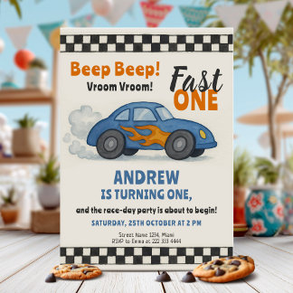 Fast One Race Car Geburtstagsparty Einladung