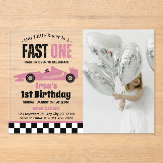 Fast One Race Car Girl 1. Geburtstag Party Foto Acryleinladungen