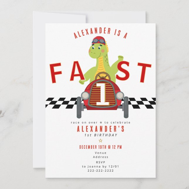Fast One Race Car Racing Car Dinosaur 1st Birthday Einladung (Vorderseite)