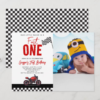 Fast One Race Motorcycle Photo 1st Birthday Party Einladung