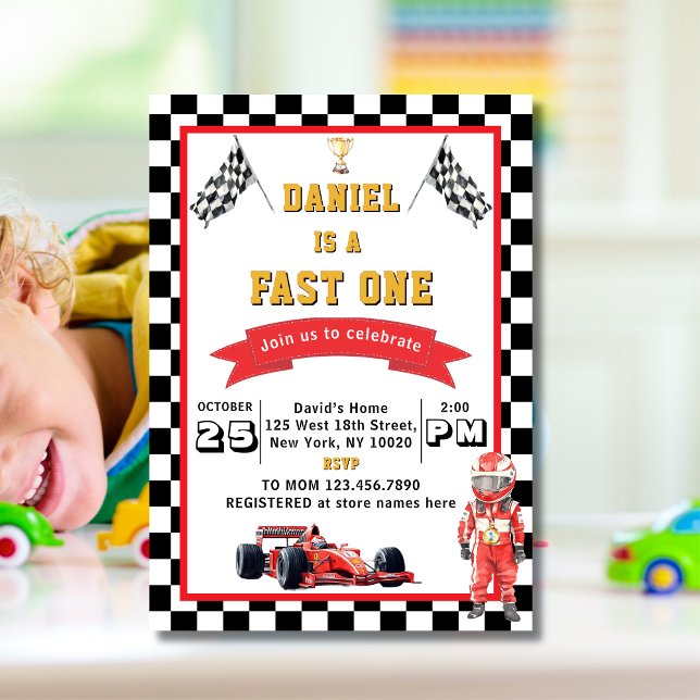 Fast One Racing Theme Checkered Flag Birthday Einladung (Von Creator hochgeladen)