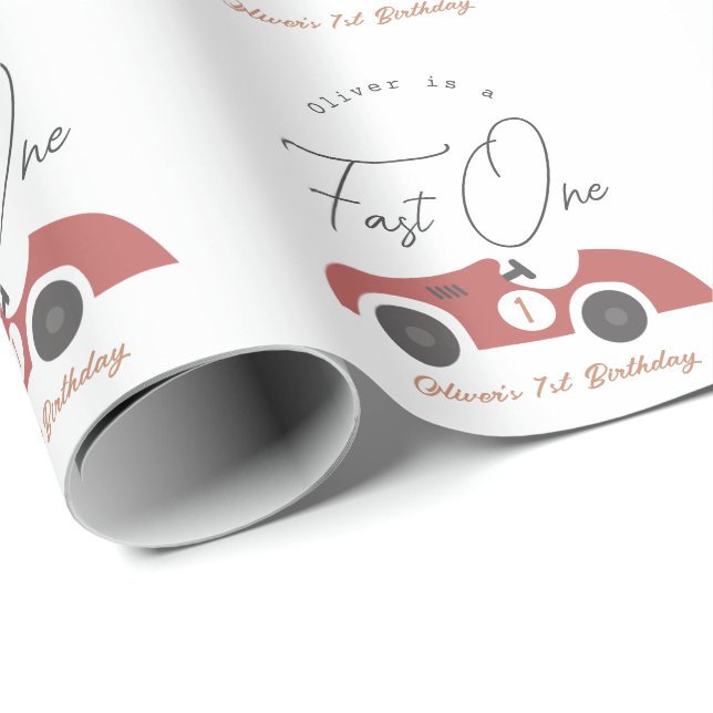 Fast One Red Race Car Boy 1st Birthday Geschenkpapier (Rolleneckpunkt)