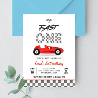 Fast One Vintag Red Race Car 1. Geburtstag Einladung