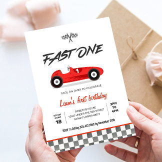 Fast One Vintag Red Race Car 1. Geburtstag Einladung