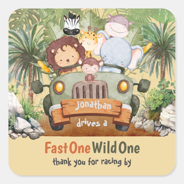 Fast One Wild One Safari Animals Auto 1. Geburtsta Quadratischer Aufkleber (Vorderseite)