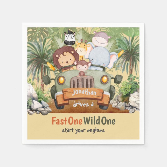 Fast One Wild One Safari Animals Auto 1. Geburtsta Serviette (Vorderseite)